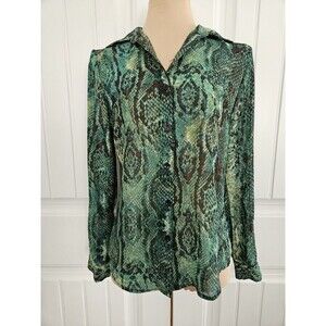 New Directions Green Snake Print Blouse With Roll Tab Sleeves Sheer Size PM